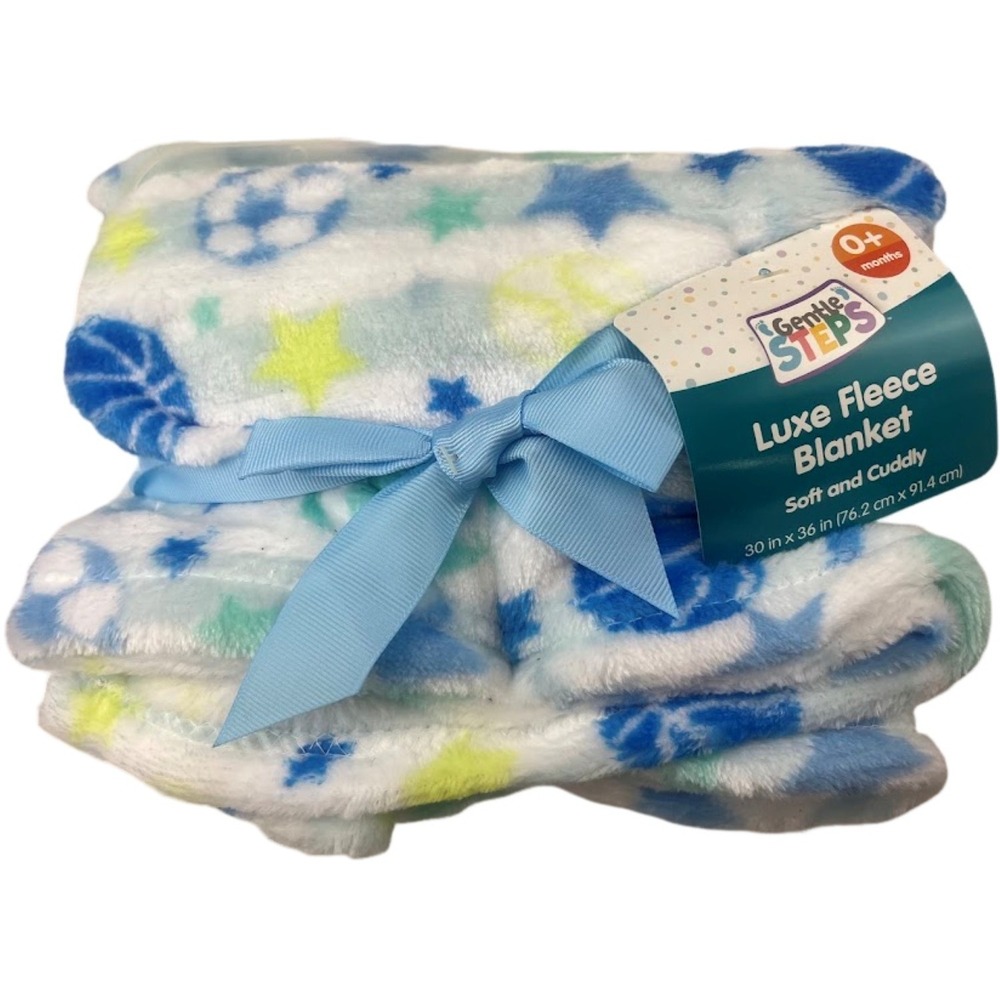 Gentle Steps Sports Baby Blanket Blue Green Swiggles Fleece Stars NWT